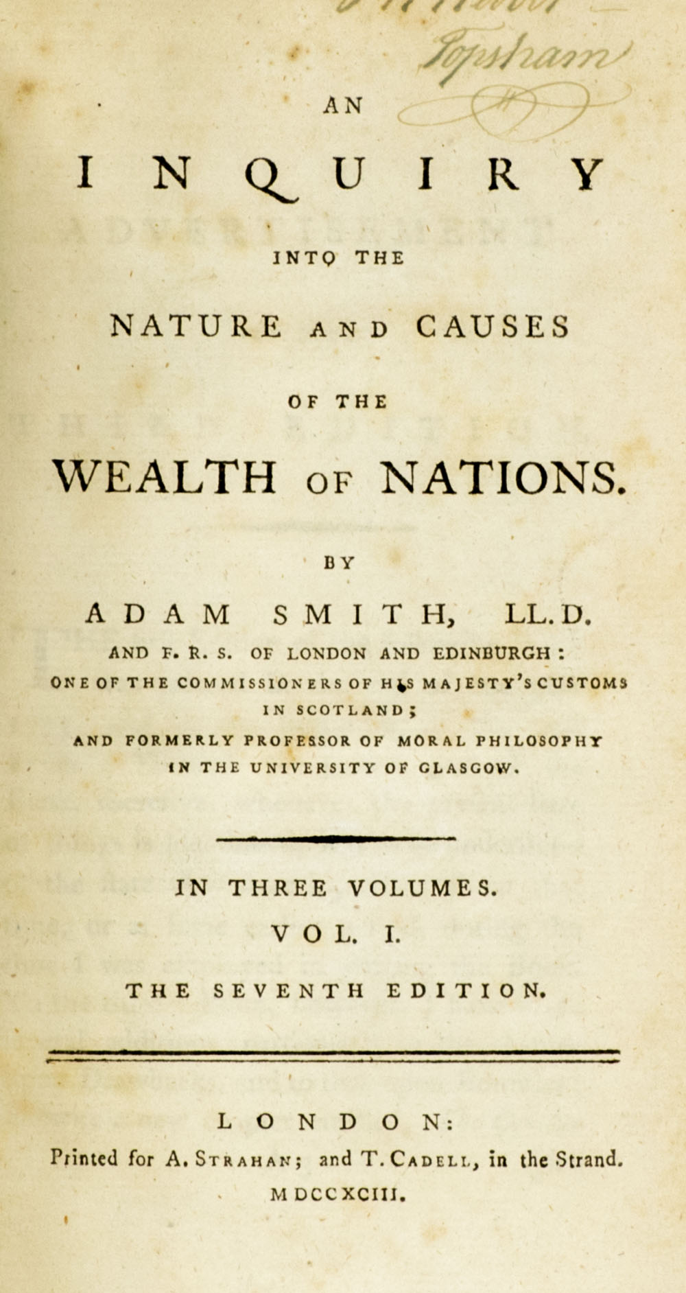 Wealth Of Nations Adam Smith First Edition