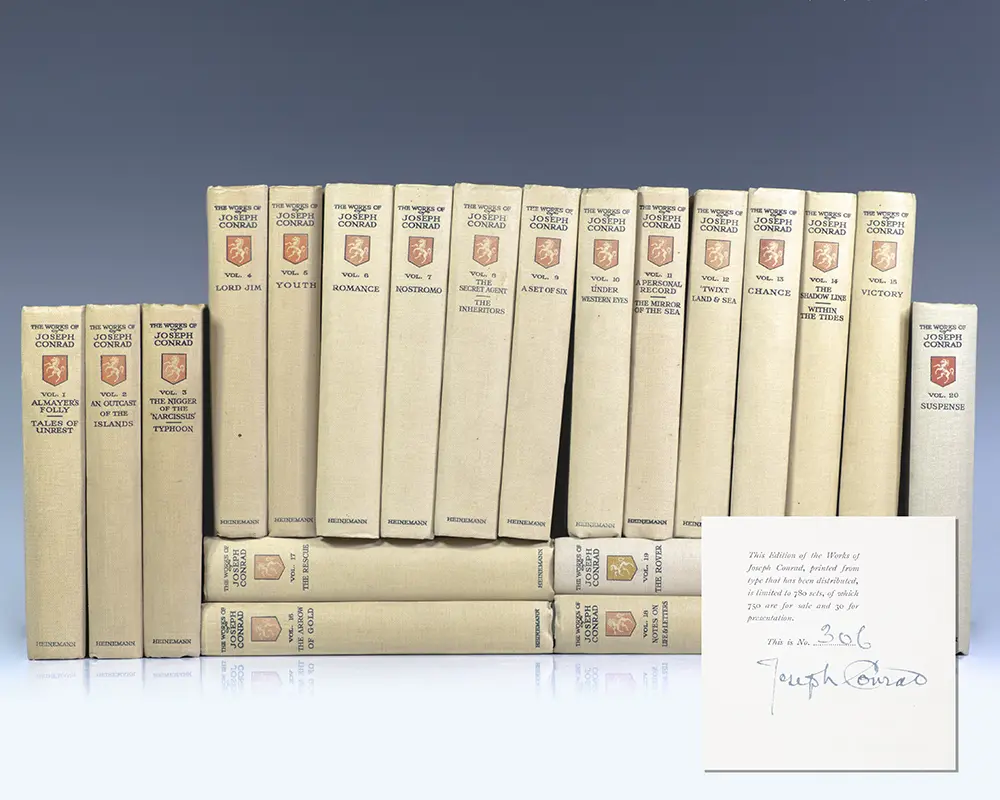 The Collected Works of Joseph Conrad. [Almayer’s Folly, An Outcast of the Islands, The Nigger of “Narcissus”, Tales of Unrest, Lord Jim, The Inheritors, Youth: and Two Other Stories, Romance, Typhoon and Other Stories, Nostromo, The Mirror of the Sea, The Secret Agent, A Set of Six, Under Western Eyes, Some Reminiscences, ‘Twist Land & Sea Tales, Chance, Victory, Within the Tides, The Shadow Line, The Arrow of Gold, On Day More, The Rescue].
