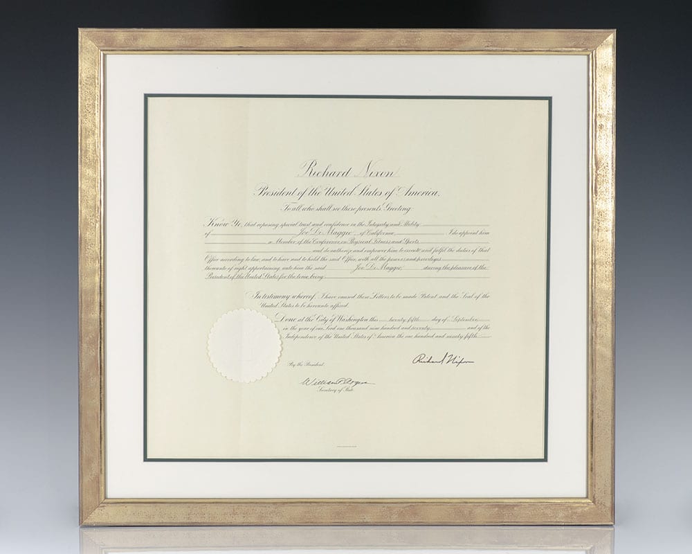 Joe DiMaggio Presidential Commission Signed by Richard Nixon.