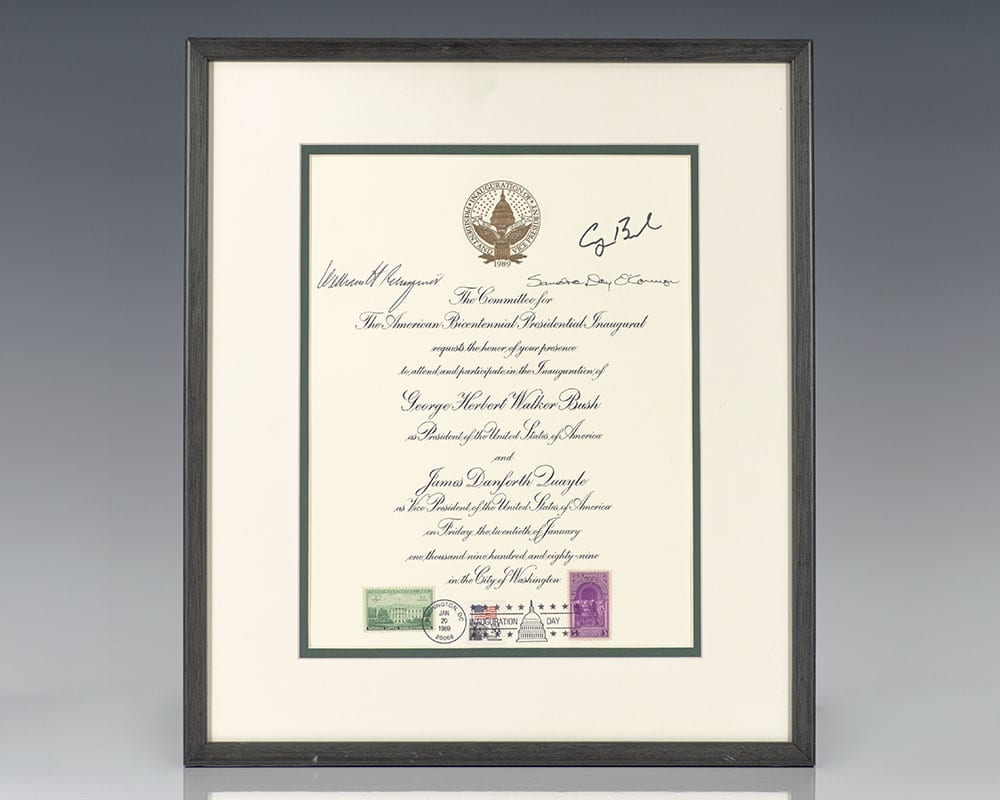 President George Bush, Chief Justice William H. Rehnquist and Associate Justice Sandra Day O’Connor Signed 1989 Inaugural Invitation.