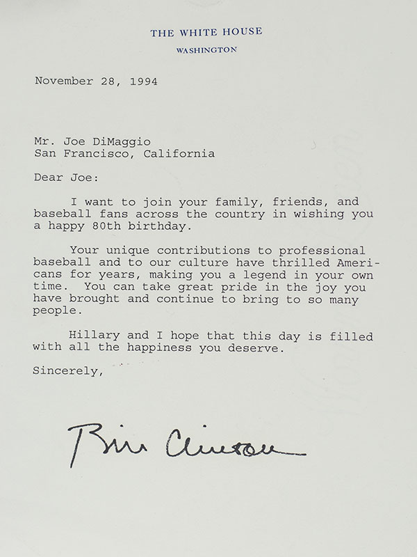 Joe Dimaggio Presidential Letter Collection