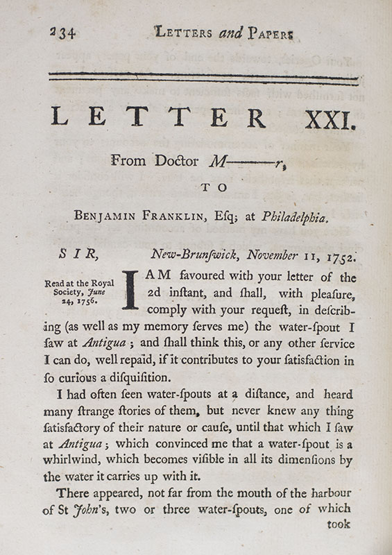 Experiments and Observations on Electricity, Made at Philadelphia in America, By Benjamin Franklin, L.L.D. and F.R.S. To which are added, Letters and Papers on Philosophical Subjects. The Whole corrected, methodized, improved, and now first collected into one Volume, and Illustrated with Copper Plates.