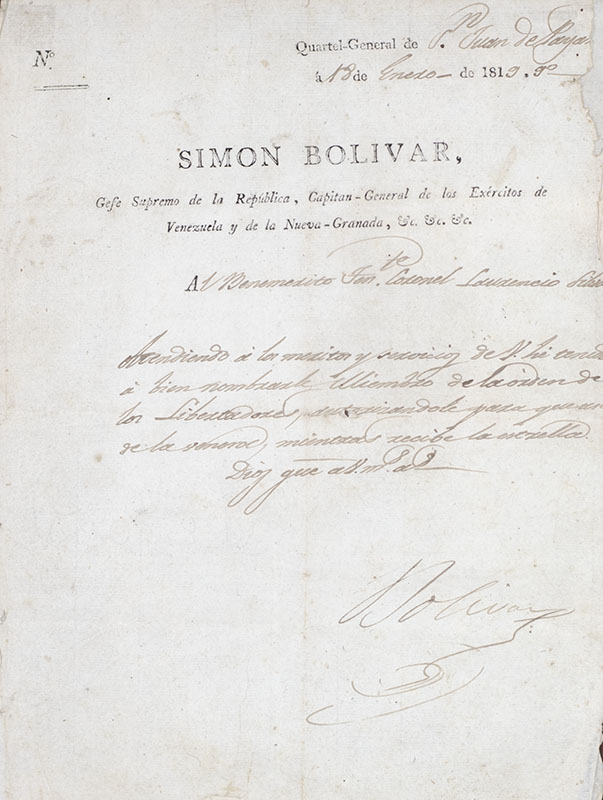Simón Bolívar Signed Order of the Liberators Appointment.