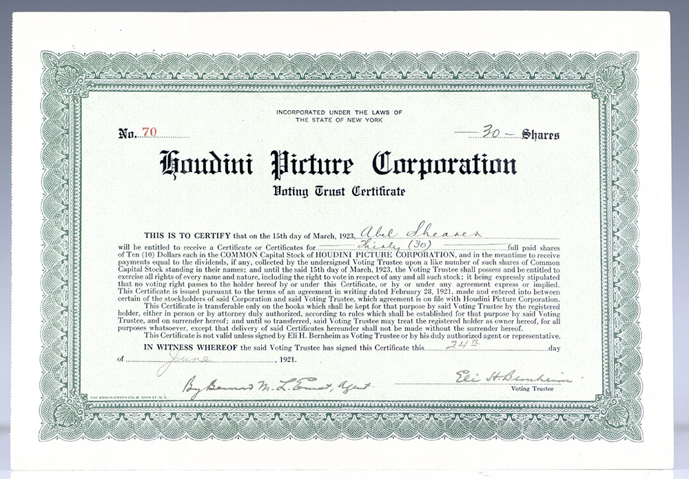 Harry Houdini Signed Houdini Picture Corporation Stock Certificate.