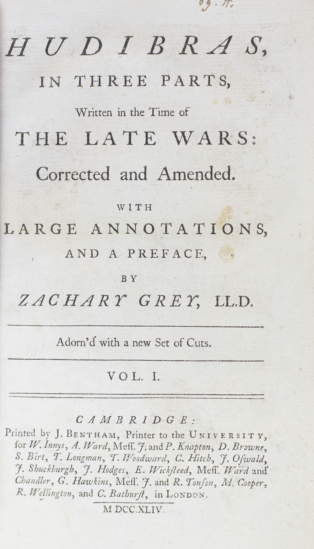 Hudibras, In Three Parts, Written in the Time of The Late Wars: Corrected and Amended. With Large Annotations, and a Preface, by Zachary Grey, L.L.D. Adorn'd with a new Set of Cuts.
