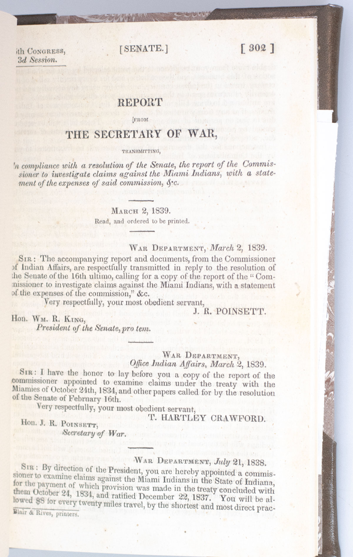 Report From The Secretary of War, Transmitting, In Compliance with a Resolution of the Senate, the Report of the Commissioner to Investigate Claims Against the Miami Indians, with a Statement of Expense of Said Commission, &c. March 2, 1839.