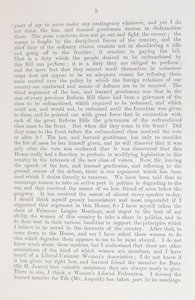 Speech In The House of Commons on Women's Suffrage.
