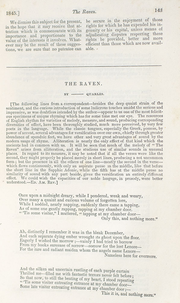 The Raven. [In The American Review: A Whig Journal of Politics, Literature, Art and Science. No. II February, 1845.