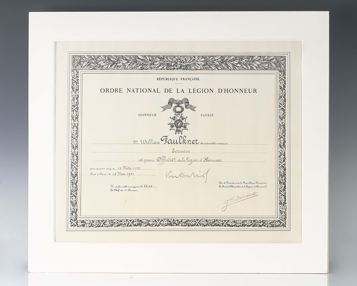 Officer of the Ordre National de la Légion d'Honneur Diploma Awarded to William Faulkner.