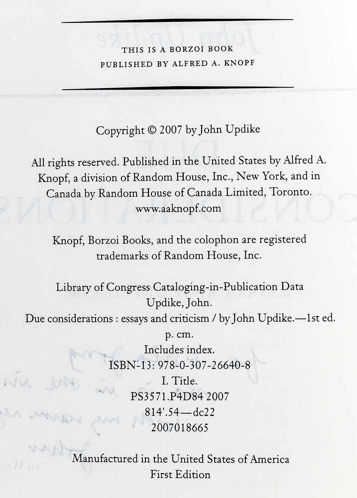 Due Considerations: Essays and Criticism.