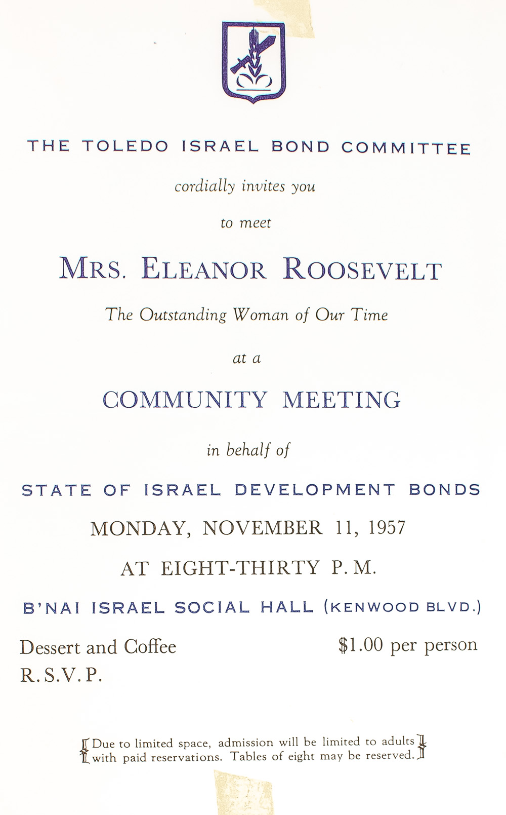 Eleanor Roosevelt Signed Israel Bond Committee Invitation.
