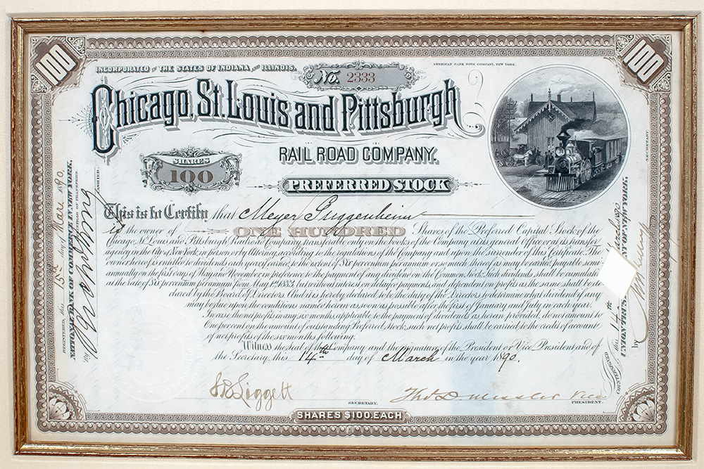 Meyer Guggenheim Signed Chicago, St. Louis and Pittsburgh Railroad Company Stock Certificate.