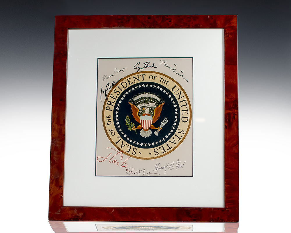 Official Seal of the President of the United States Photograph Signed By Richard Nixon, Gerald R. Ford, Jimmy Carter, Ronald Reagan, George Bush, Bill Clinton, and George W. Bush.