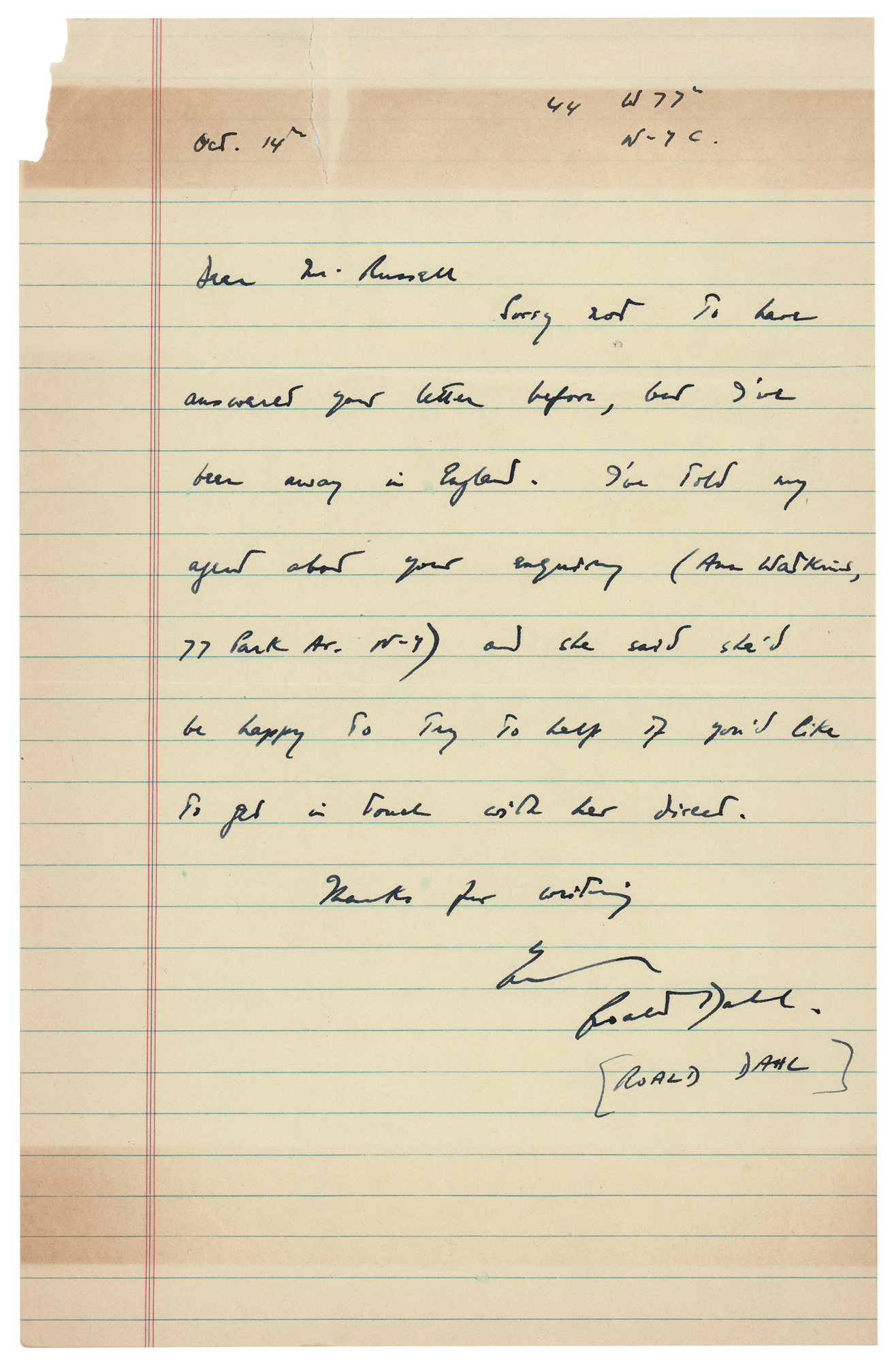 Handwritten letter on lined paper