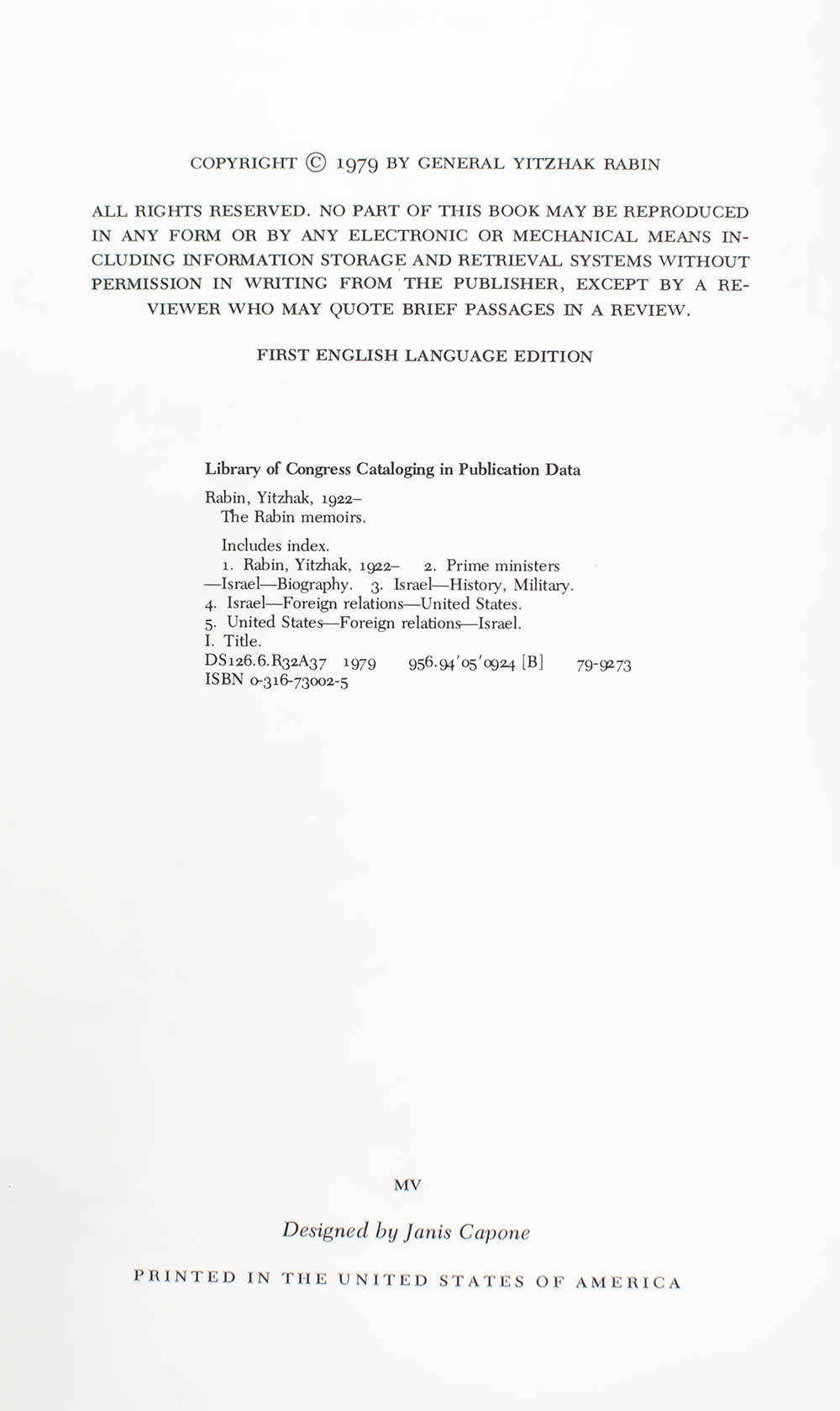The Rabin Memoirs.