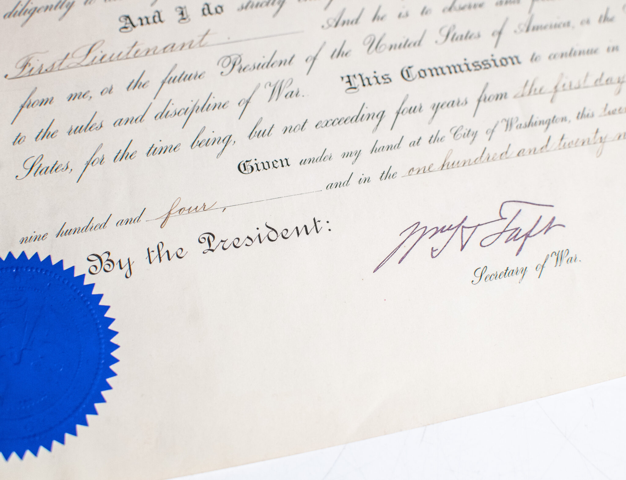 Theodore Roosevelt & William Howard Taft Signed Military Appointment.
