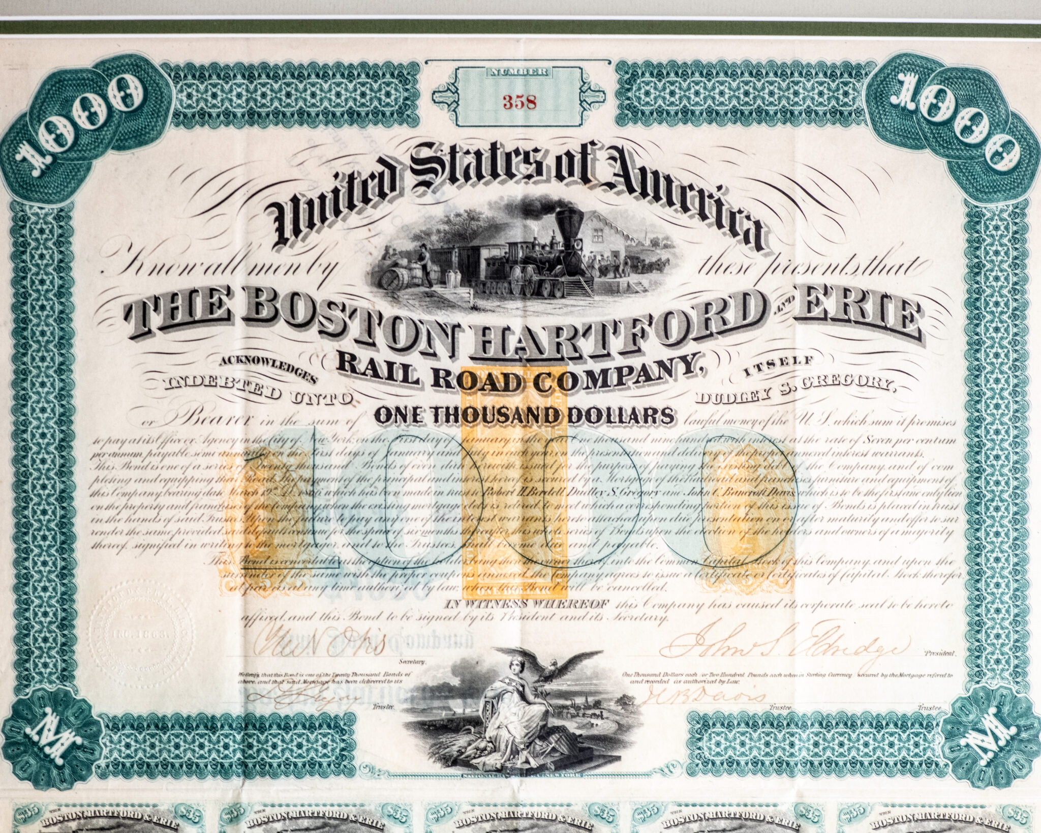 Boston, Hartford, and Erie Rail Road Company Bond.