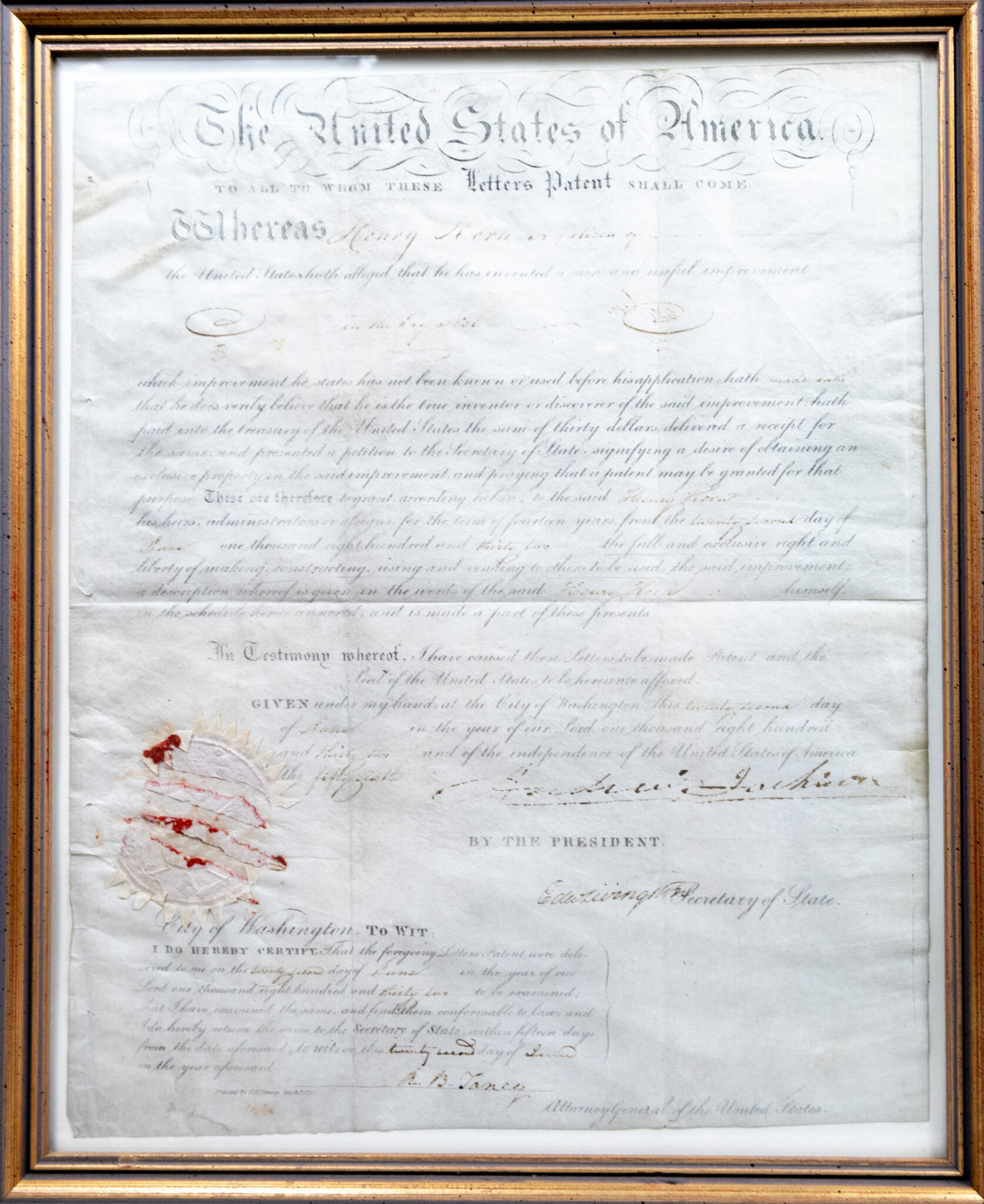 Andrew Jackson Signed United States Patent.