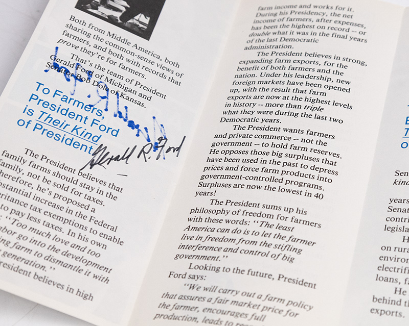 Gerald Ford and Bob Dole Signed Bumper Sticker and Campaign Pamphlet.